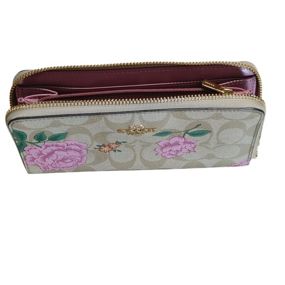 Coach Signature Prairie Rose Zip Around Wallet Beige Pink Floral Compartments - Picture 10 of 13